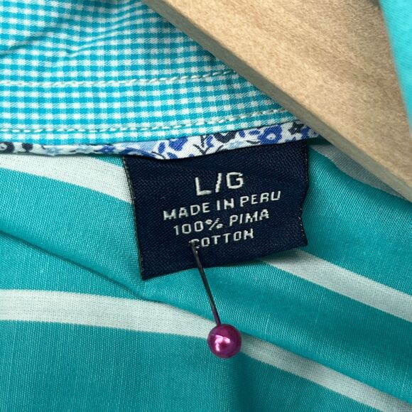 TOMMY BAHAMA Shirt Mens L Striped Flip Cuff Button Up Pima Cotton Teal Green - Picture 13 of 16